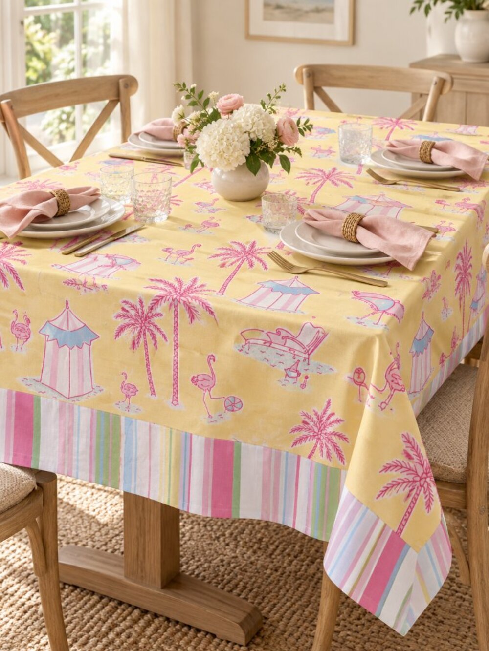 NEW Two’s Company Whimsical Flamingo Palm Yellow Tablecloth Watercolour Cotton